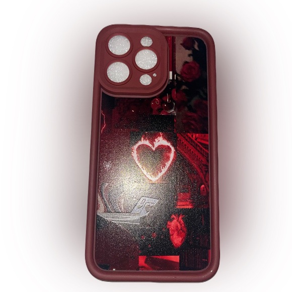 iPhone 15 ProMax Dark Red with Flammed Heart Print Soft Case Cover NWT - Picture 2 of 6